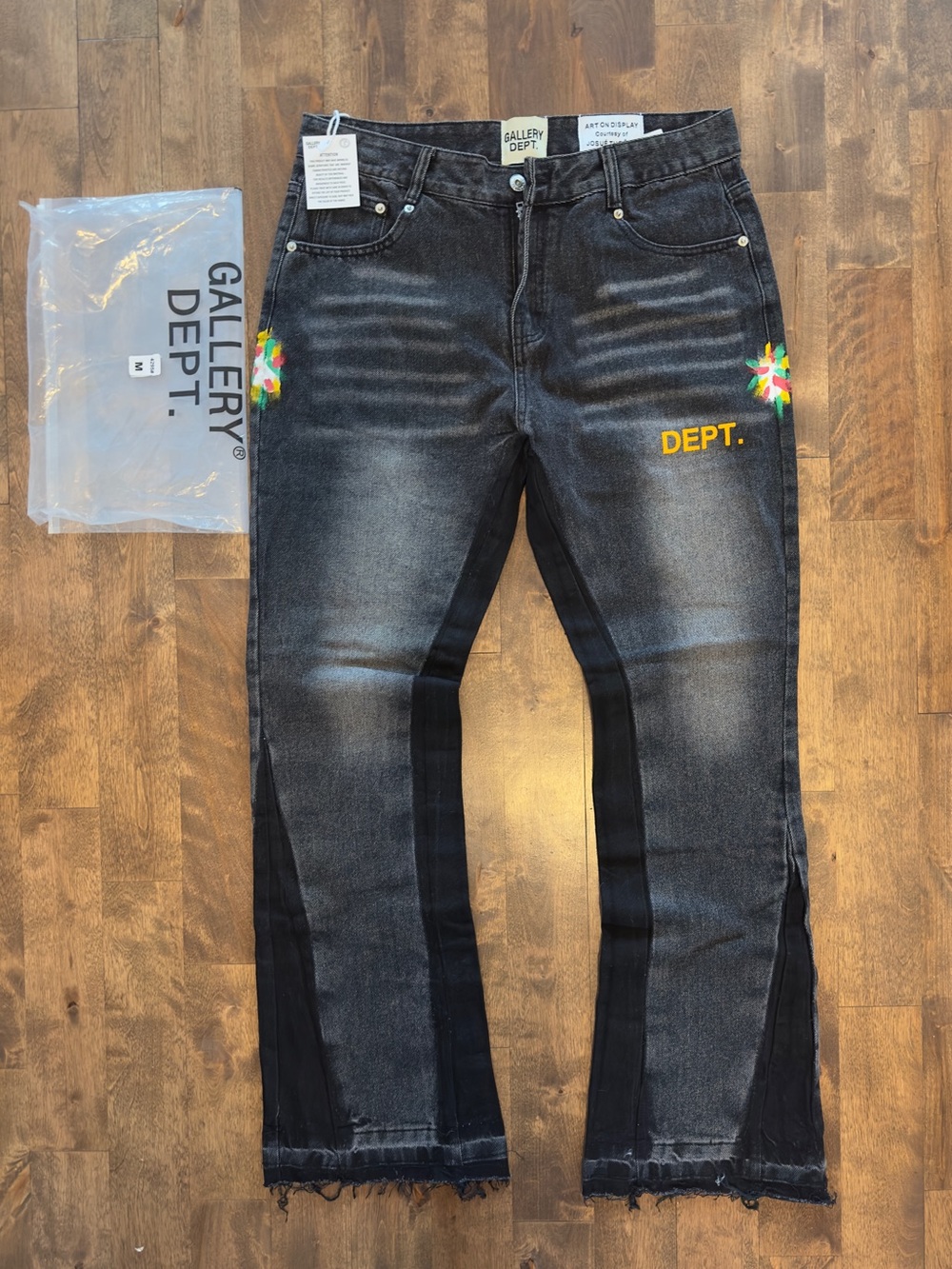Flared Gallery Dept Black Washed Jeans with Colorful Floral Embroidery